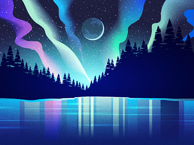 Northern Lights colorful evergreen illustration lake landscape moon night northern northern lights trees vector