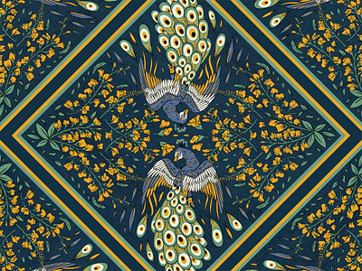 Peacock and Flowers - Illustration for Scarf