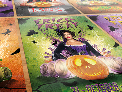 GraphicRiver - Trick Or Treat Halloween Flyer club costume cracked crow disco drinks feathers gray green grunge halloween high horror hot night or orange party pumpkin quality red sexy bash spiders template thriller treat trick violet witch