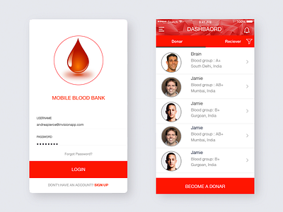 Mobile Blood Bank app blood blood bank dashboard donor login red theme ui