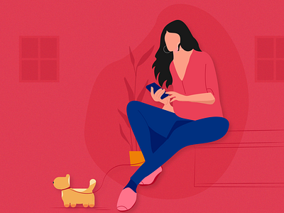 Phone Addiction! addiction dog girl grain illustration mobile mobile in hand pet phone addiction plant relax ui website women