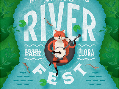 Riverfest 2018 elora fish fox poster river stipple tubing