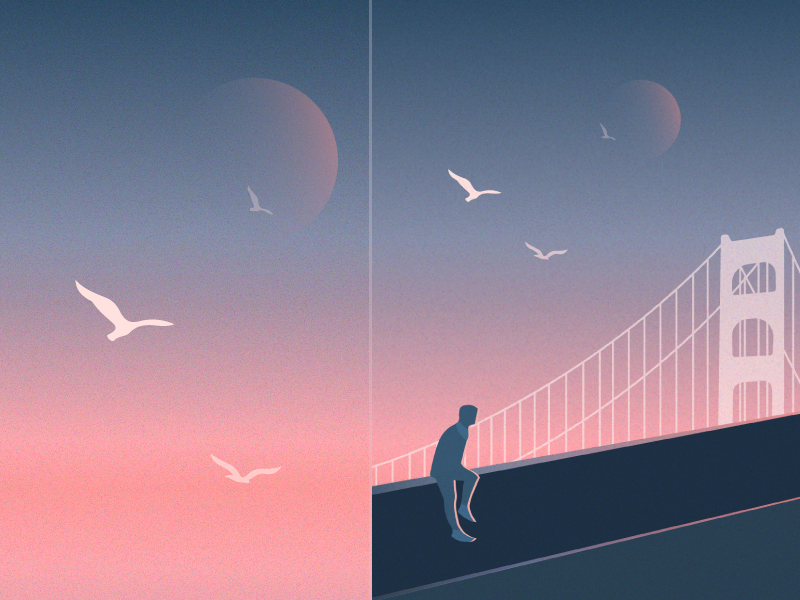 Man in San Francisco simple gradient travel illustrator pink vector art illustration man sanfrancisco cali sunset