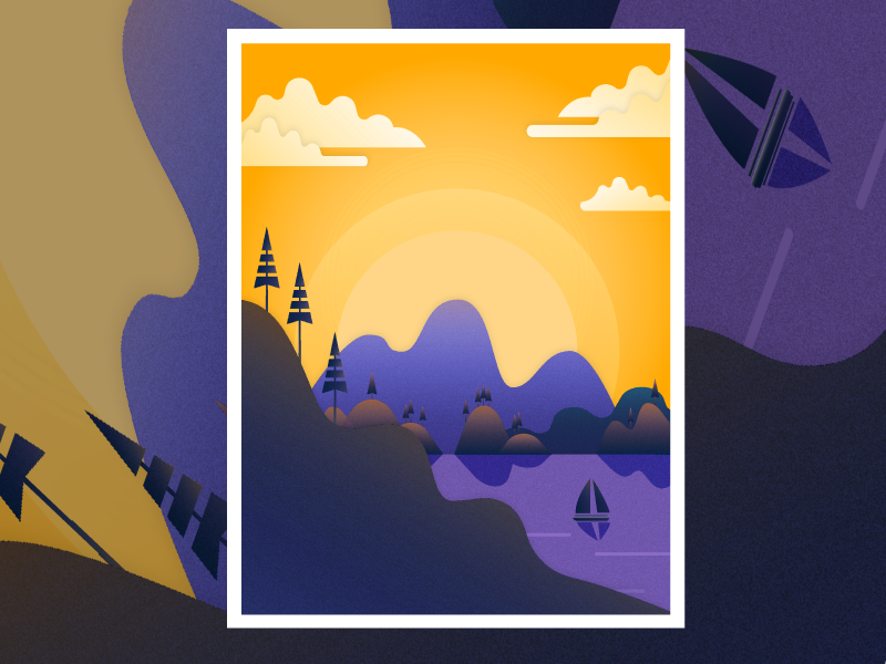 Mountain Day Version trees illustrator landscape travel sailboat public art horizon sunset purple illustration mountain