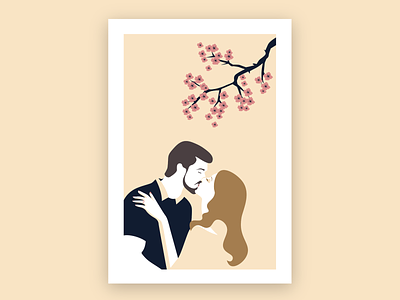Engagement Kiss art cherryblossom design engagement illustration kiss love marriage ring romance simple tree whitespace