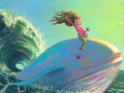 Whale cat childrens book childrens illustration colour concept art digital painting digitalpainting environment girl illustration sea storybook waves