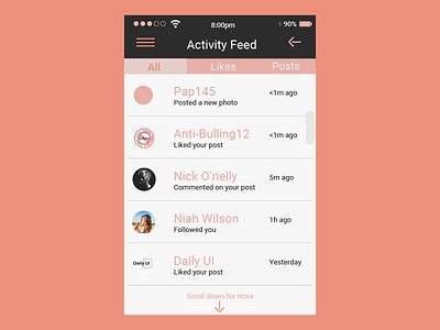 Daily Ui 047 Activity Feed activity feed anti bullying pink day daily ui 047 dailyui graphic design ios mobile design typography ui ui design user interface web design