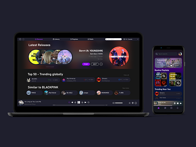 Music Streaming Web App + Mobile App (side-by-side) android app design google pixel ios iphone laptop mobile mockup music streaming spotify ui ux web app