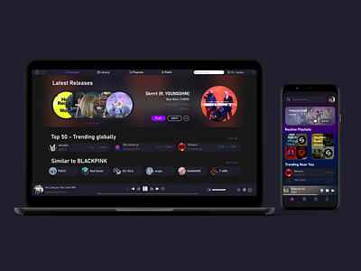 Music Streaming Web App + Mobile App (side-by-side)