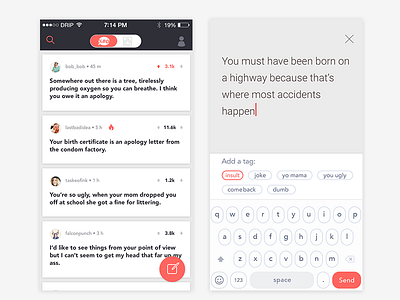 BurnWeasel - UI Update app cards clean design feed insults ios jokes keyboard mobile social ui