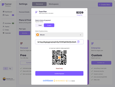 Pricing plan payment page for bitcoin app graphic design ui ux