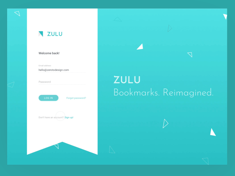 Login and sign up | Zulu - Collaborative Bookmarking animation bookmark create account desktop app form input field interaction landing page login parallax registration sign in sign up triangle