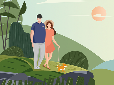 Dribbble dog grass illustration lovers people stroll travel tree