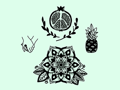 Peace, love, unity and vitamin C black illustration illustration mandala pinapple tattoo