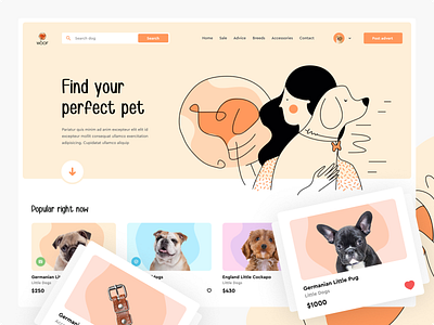 Find your pets branding design dog doggy e comerce ecommerce figma friend home page illustration landign page pet care pets petshop shop web web design website