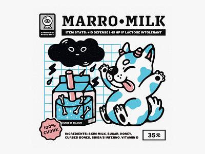 Mystic Mart #1: Marro Milk ad animal badge bones cloud cow design dog food graphic design illustration lightning logo mart milk rpg stamp stats typography yokai