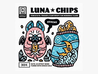 Mystic Mart #3: Luna Chihps ad animal badge bat chips design grain graphic design illustration logo monster poster design procreate rpg snack stamp stats texture typography vector