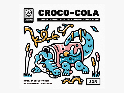 Mystic Mart #4: Croco-Cola alligator animal badge coke cola crocodile gator grain graphic design illustration logo poster design procreate rpg soda stamp stats texture typography vector design