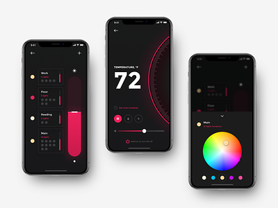 Smart Home App Controls Lighting And Thermostat app app concept app design color picker home app ios iphone x iphone xr iphone xs lighting lights control security app smart conditioning smart home smart light surveillance thermostat control ui user interface design ux