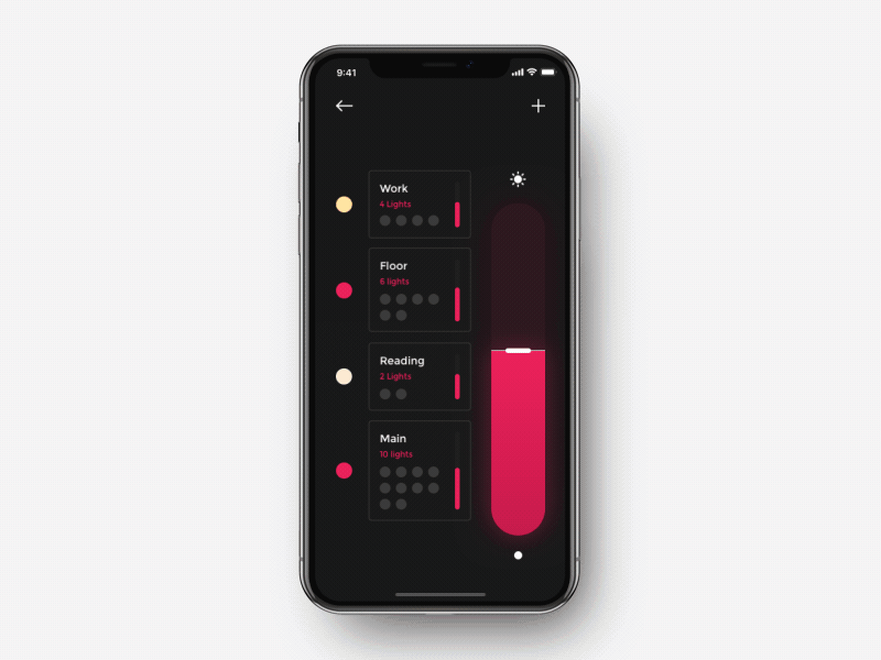 Smart Home App Light Adjustment animation app app animation app design color picker home home app home control home page ios iphone x iphone xr iphone xs lighting control shakuro smart home smart light transitions ui ux