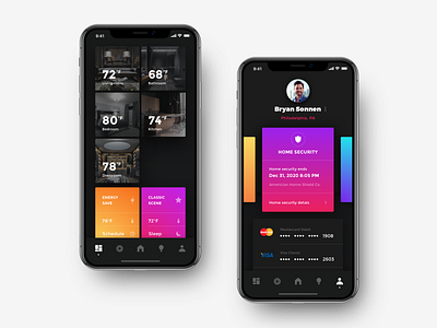 Smart Home App Thermostat And Owner Profile home app home control ios app ios app profile iphone xs xr x profile page room scene security security app smart conditioning smart home smart house temperature temperature control thermometer thermostat ui user interface design ux