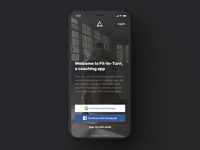 Fit-In-Turn Workout App after effects animation app coaching concept fit app fitness fitness app ios iphone iphone xs xr login page screen sign up splash sport sports app ui ux workout