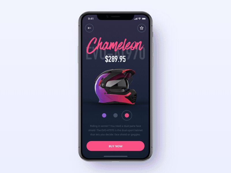 Motorcycle Helmet Store Concept Animation 3d model animation app e commerce equipment helmet interaction ios iphone iphone xs xr x mobile motion design motorbike online store product page product transition slider ui user interface ux