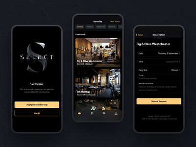 Meet Select App Design app branding brands community entertainment hotels ios app design iphone 11 pro iphone xs xr membership mobile product design restaurants select ui ux