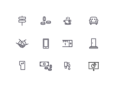 work.life iconography (WIP) chair coffee coins handshake icons money presentation startup tap tape measure wip worklife