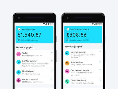 Spending Money, Credit Card & Highlights android bank blue branding challenger colour design finance icon material tandem ui ux