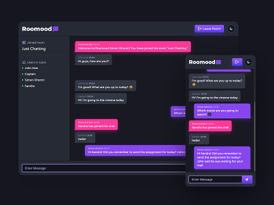 Roomood Chat App (Dark Mode) app chat dark dark mode desktop javascript mobile nodejs responsive roomood rooms ui websocket