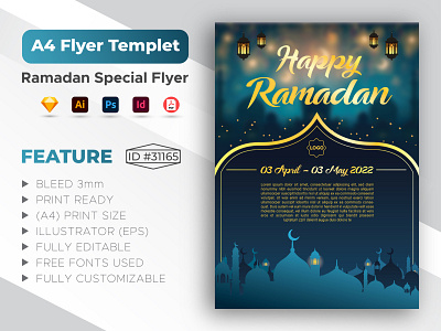 Happy Ramadan Flyer Templet, A4 Print Size.