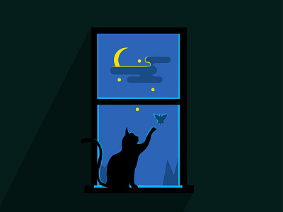 Kitty by the window 2d butterfly kitty night vector window