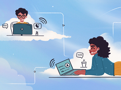 Why virtual call centers are deemed to be the future - FC Blog art call center characterdesign cloud cute design desktop dribbble headphones illustration laptop minimal mobile photoshop vector virtual wfh work from home workdesk workplace