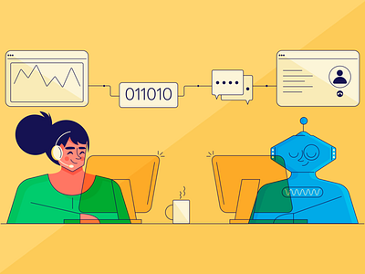 How Can Ai Unlock Value For Call Centers - Freshcaller Blog agent analytics bot call call center chat bot data design dribbble illustration minimal robot vector workdesk working workplace