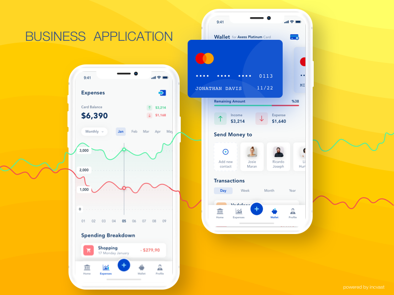 Business Application linegraph incvast combination blue yellow iphonex tab bar banking ui business banking card screen card selection graph ui branding vector illustration daily ui application business