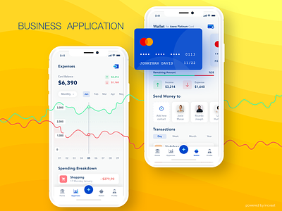 Business Application application banking ui blue branding business business banking card screen card selection combination daily ui graph ui illustration incvast iphonex linegraph tab bar vector yellow