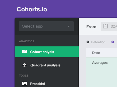 Cohort analytics app averages clean cohort dashboard date drop down flat icons picker prestitial quadrant analysis retentions sidebar statistc tables ui ux web