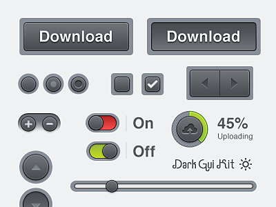 Dark Gui Kit app bar button dark design designer download grey interface notif progress radio sleek slider ui ux web website