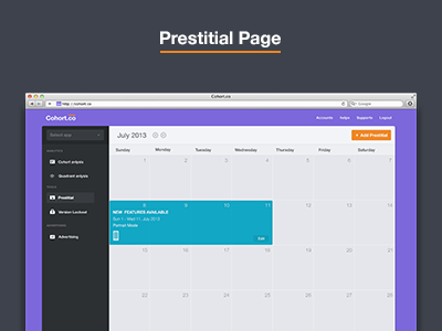 Prestitial Page analytics app calendar cohort dashboard event flat icons prestitial quadrant ui web
