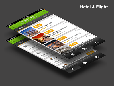 Hotel & Flights Results buttons flight header ios iphone list search tabs travel ui ux wego