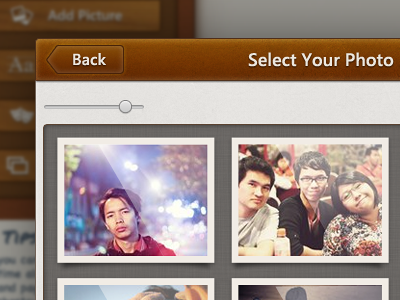 Select Photo window app back book brown button buttons concept design designer dropdown facebook font grey layout linen menu photoshop preview scrap slider texture thumbnail ui web window