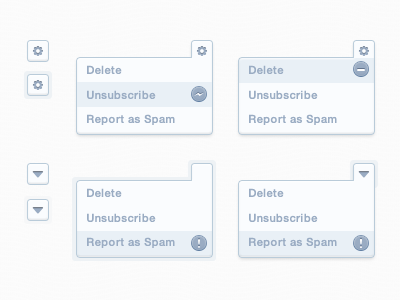 Dropdown arrow blue button delete designer dropdown gear icon menu report setting spam subscribe subtle ui unsubscribe ux