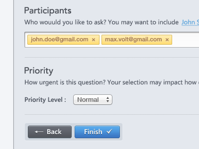 Participants Form app arrow ask back black blue button check designer dropdown finish form grey participants priority question ui ux web white yellow