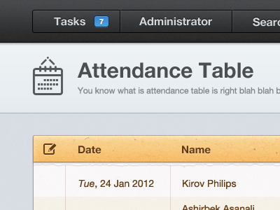 Attendance admin app attendance calendar course date glyph gui header icon lms management manager menu bar navigation search students table task ui ux web