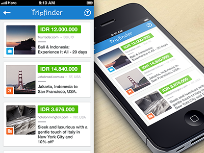 Search Result clear crisp deal finder flight hotel icons ios iphone list minimal navigation price result search simple thumbnail travel trip ui ux
