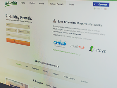 Holirentals full page. app deal design engine feature gui home page landing page place plan price properties search travel trip ui ux web