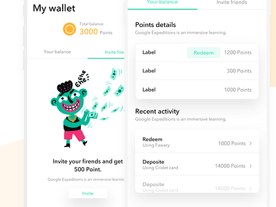 my wallet & invite friends app app concept business clear interface invite friends minimal modern points product startup ui ux wallet wallets