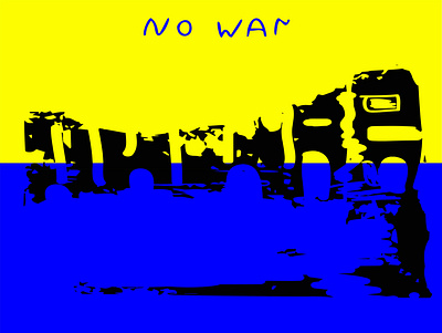 NO WAR abstract blue and yellow destroyed houses flag graphic design illustration logo no war