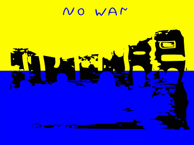 NO WAR abstract blue and yellow destroyed houses flag graphic design illustration logo no war